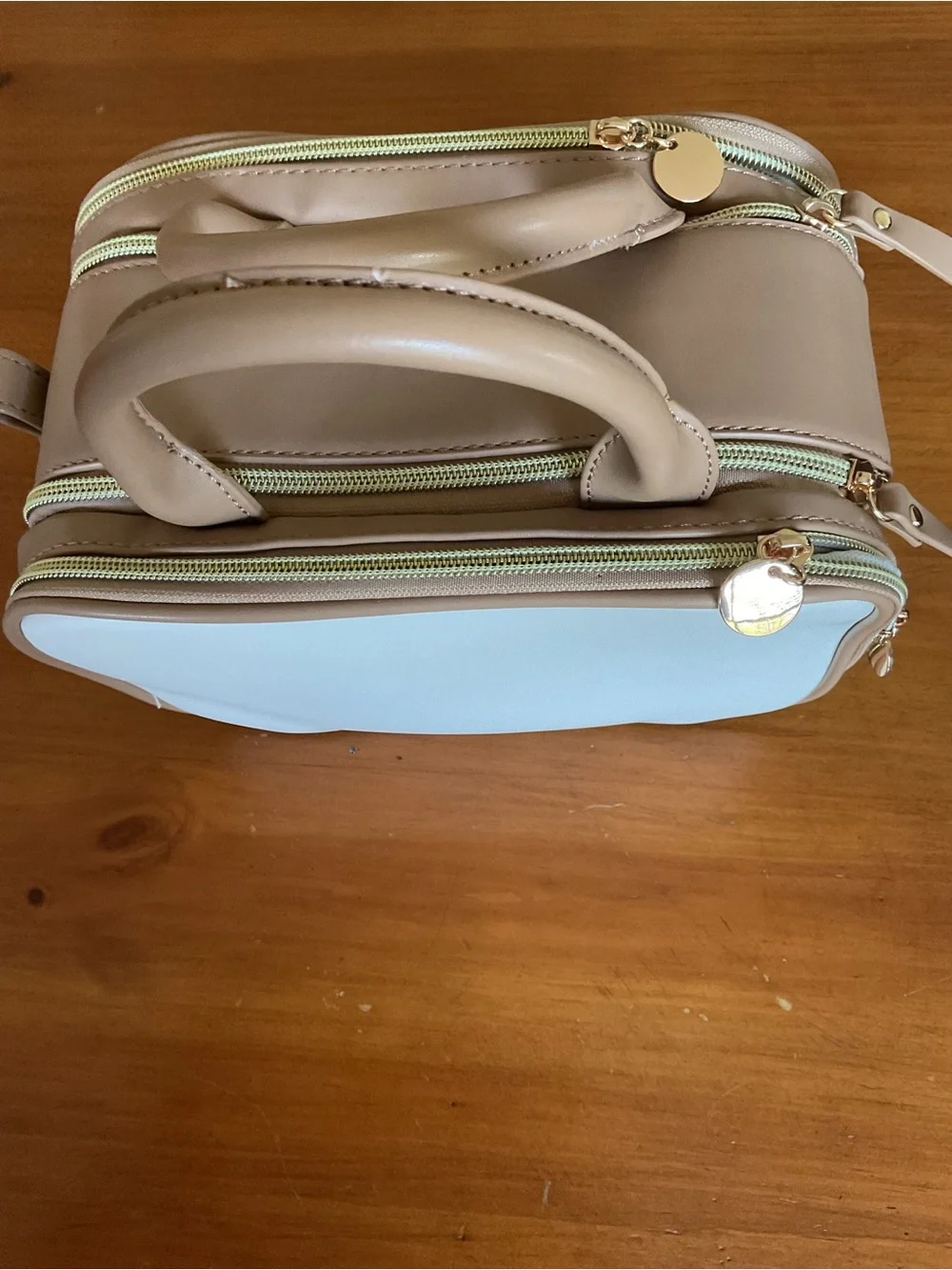 Cream and Tan Cosmetic Travel Case with Top Handles